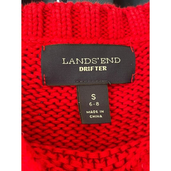 Lands End Drifter Red Cable Knit Sweater S 6-8 100% Cotton Womens Pullover Warm - Picture 2 of 6